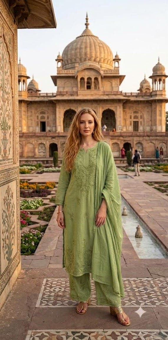 Pista Green Floral Chikankari Kurta Palazzo Set | Handmade Lucknowi 3 Piece Suit | Rakhi Gift for Sister | Indian Boho Wear