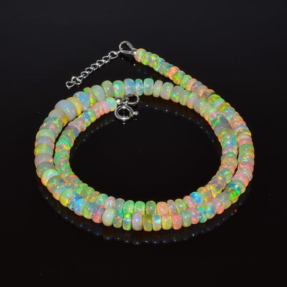12 inch,AAA+ Grade Ethiopian Opal Beaded Necklace Multi-Fire Rondelle Beads, Ethiopian Opal Beaded Necklace: 925 Sterling Silver, Gift Fo