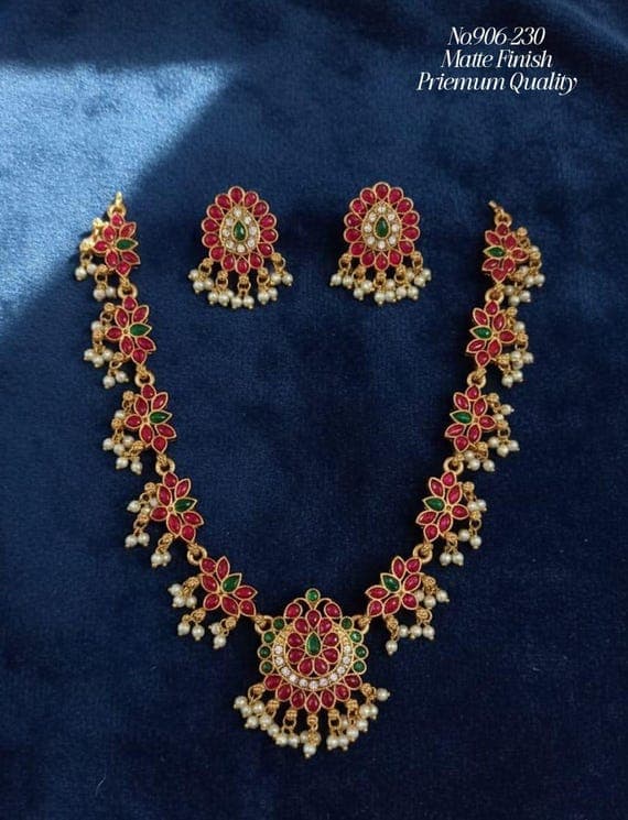 1 Gram Gold Necklace Set For Women Ruby Pearl Jewelry For Ethnic Wedding Gift
