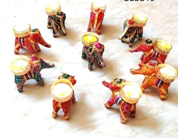 Hand-Painted Elephant Tealight Holders, Rajasthani Indian Artistry Decor (Set of 10)