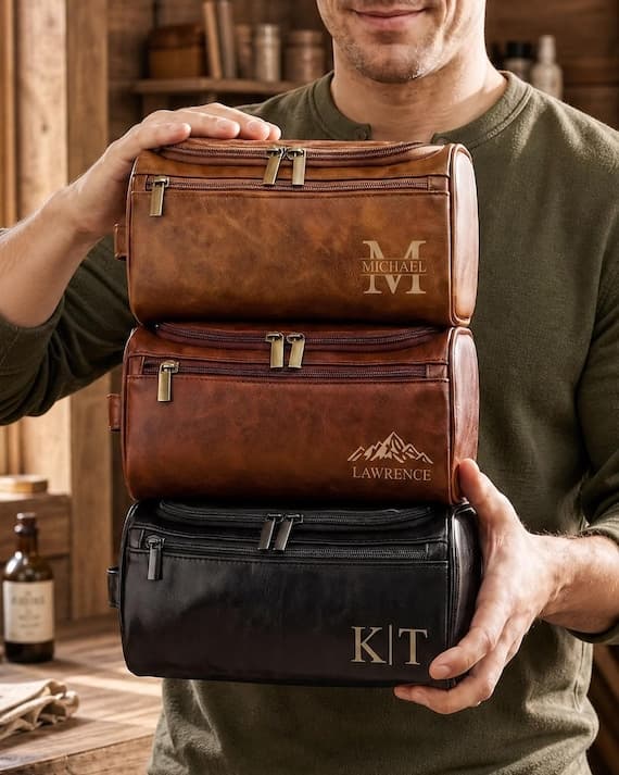 Personalized Leather Toiletry Bag for Men, Monogrammed Travel Organizer for Grooming Essentials, Groomsmen Gift, Valentine's Day Gift