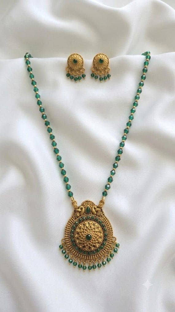 South Indian Beaded Necklace Set, Antique Gold Mandala Pendant, Emerald Green Crystal Beads