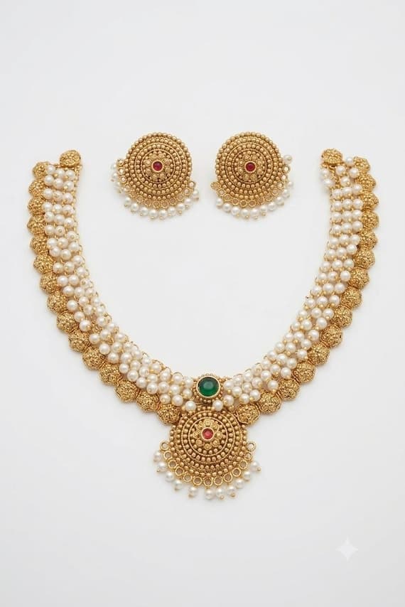 Traditional Antique Gold Pearl Necklace Set