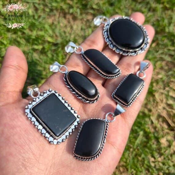 Black Onyx Stone Pendant, Silver Plated Protective Crystal, Jewelry Gift, Healing Gemstone Jewelry