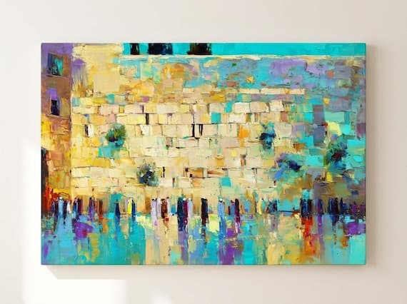 Abstract Kotel Canvas, Contemporary Jerusalem Painting, Turquoise Jewish Home Decor (Ready to Hang)