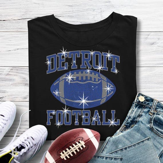 Detroit Football Rhinestone Shirt: Sparkly Game Day Tee & Long Sleeve