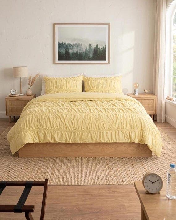 Pastel Yellow Cotton Duvet Cover, Wrinkle Texture Bedding Set, Soft Breathable Bed Linen, Minimalist Bedroom Decor,Button Closure Bedding