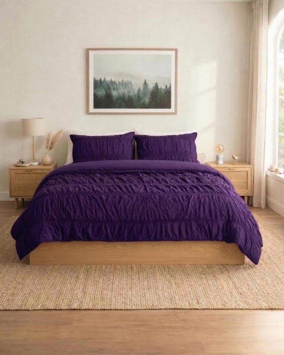 Plum Purple Ruched Duvet Cover Set – Wrinkled Cotton Bedding, Romantic Ruffle Comforter Cover, Modern Minimal Bedroom Decor