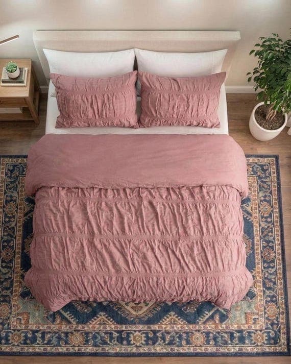 Dusty Rose Duvet Cover Set, Wrinkle Cotton Bedding, Ruffle Comforter Cover, Blush Pink Boho Bed Set, Queen King Size