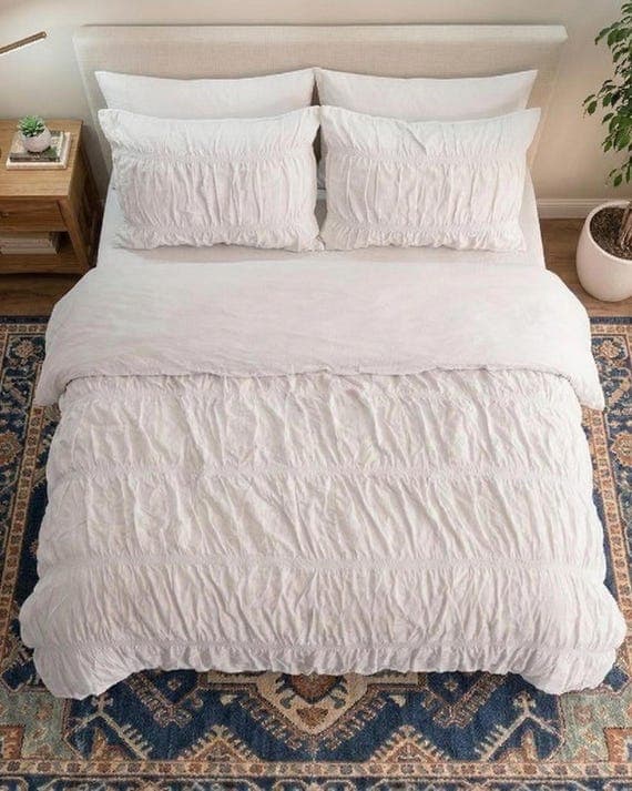 White Duvet Cover Set, Wrinkle Cotton Bedding, Ruffle Comforter Cover, Boho Bedroom Decor, Queen King Size