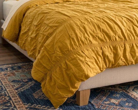 Mustard Yellow Duvet Cover Set, Wrinkle Cotton Bedding, Ruffle Comforter Cover, Boho Minimalist Bed Set, Queen King Size