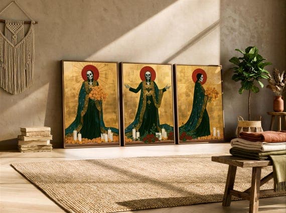 Santa Muerte Triptych, Gold Leaf Folk Altar Wall Art, 3 Piece Day of the Dead