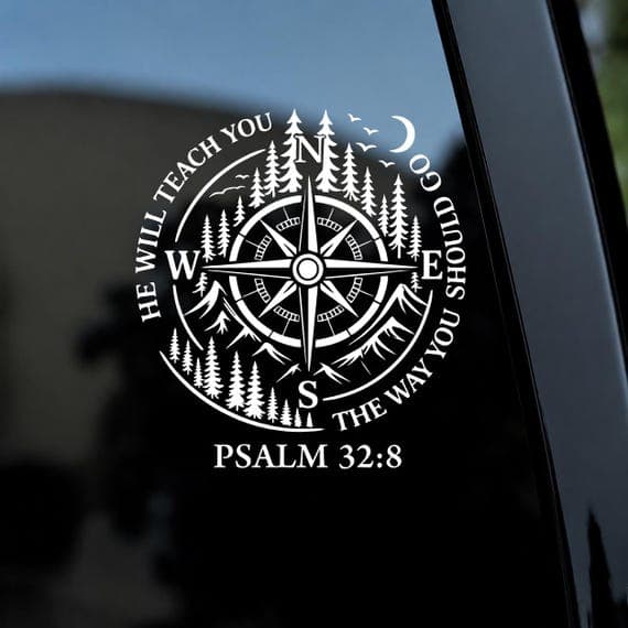 Psalm 32:8 Compass Vinyl Sticker, Christian Mountain Decal, Bible Verse Outdoor Adventure Tool (Waterproof)