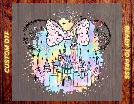 Pastel Castle Bow DTF Heat Transfer – Disney Minnie Watercolor Rainbow Castle Ready to Press – Magical Girly Vacation Shirt Gift