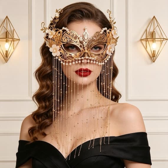 Gold Masquerade Mask, Floral Pearl Chain Fringe, Venetian Style Face Mask for Halloween carnival Wedding Fairy Themed Party