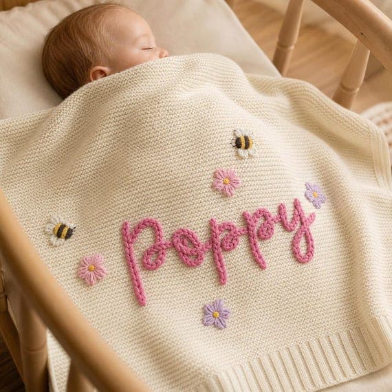 Custom Hand Embroidered Name Baby Knit Blanket, Soft Organic Cotton Heirloom Newborn Nursery Keepsake