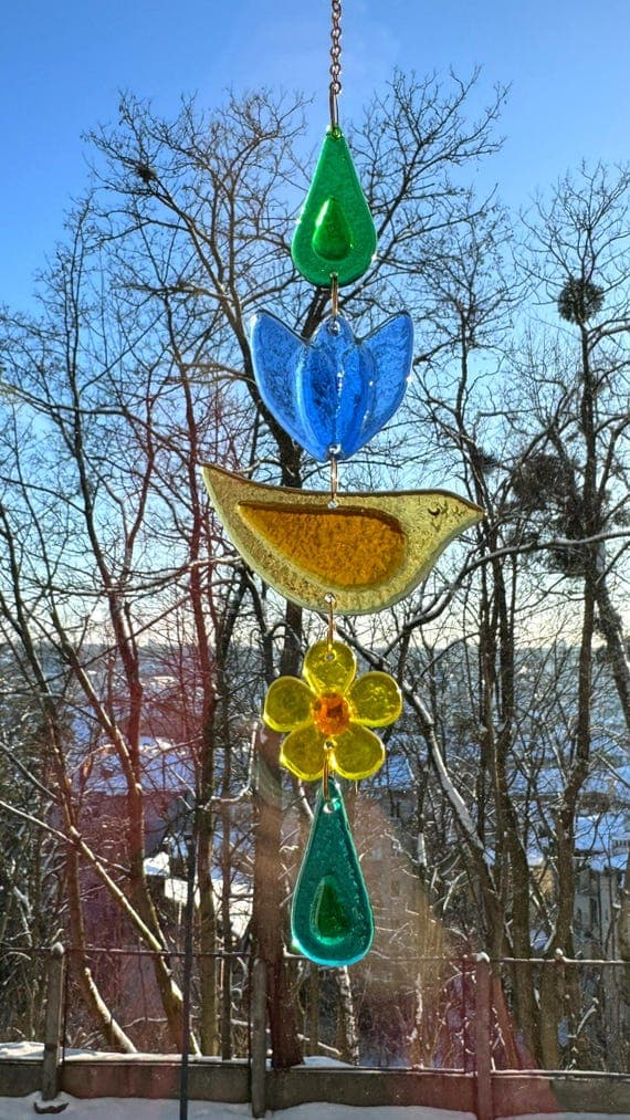 Handmade Fused Glass Suncatcher, Bird Flower Drop, Rainbow Light Decor