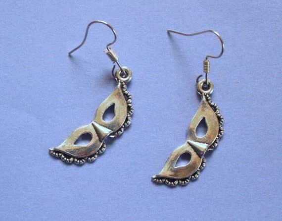 Silver Mask Earrings,Theatre Mask Earrings,Mask Themed Gift,Masquerade Earrings,Carnival Earrings,Mardi Gras Earrings,Secret Santa,Stocking