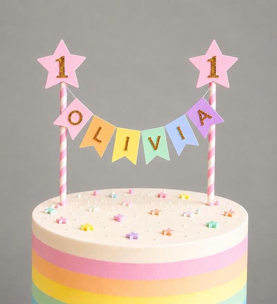 Personalised Cake Topper 1st Birthday Pink Star Pastel Rainbow Bunting Banner Custom Nams Age Girl Boy Cake Decoration