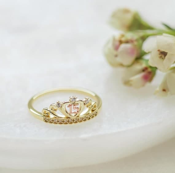 Quinceañera Tiara Ring 14K Gold Plated with #15 in Rose Gold for Sweet 15th Birthday Gift, Quince Jewelry, Gift for 15 Year old Girl